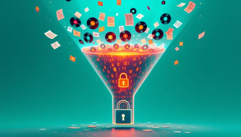 A padlock blocks musical records and sheet music from flowing into a digital funnel