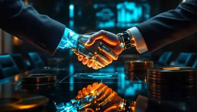 A suited human hand shaking a glowing robotic arm over a reflective table with records