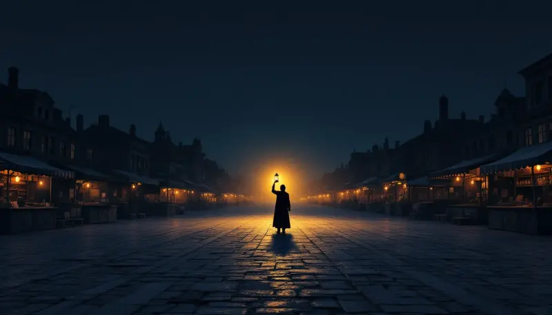 A solitary figure holding a glowing lantern amid empty marketplace stalls at dusk