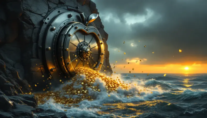 A massive vault door crushes coins and music notes above a stormy sea.