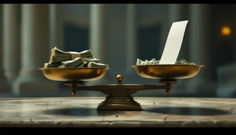 An unbalanced scale shows money vastly outweighing a lone concert ticket stub