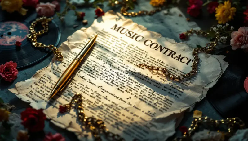Magnified fine print contract reveals hidden chains and musical notes among legal language