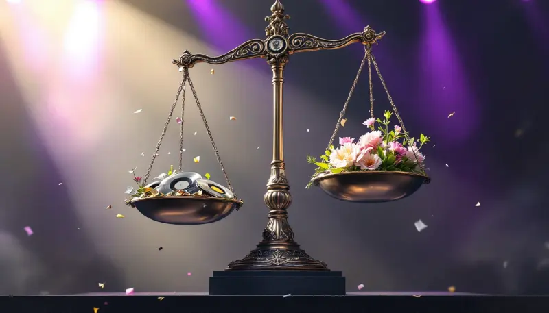 A glowing scale tips on a concert stage weighing platinum records against fresh blooms