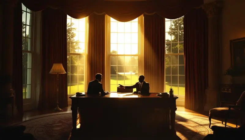 Two anonymous silhouettes meet privately inside a grand oval-shaped government office