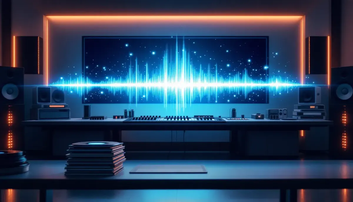 Music notes and waveforms merging with circuit board patterns, symbolizing AI-generated music technology.