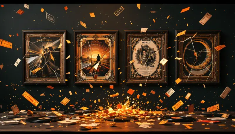 Four glowing music magazine frames shattering into glass shards with scattered vinyl records falling