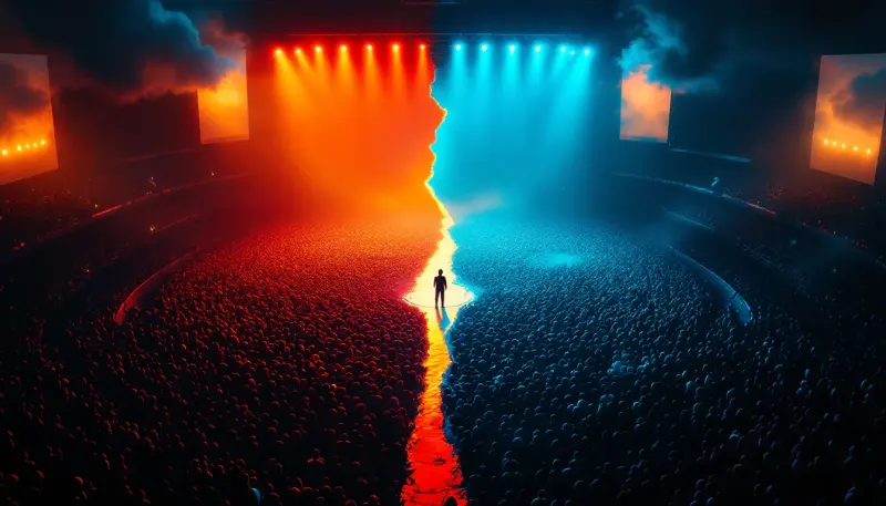 A lone performer on stadium stage divides a massive crowd into two contrasting halves