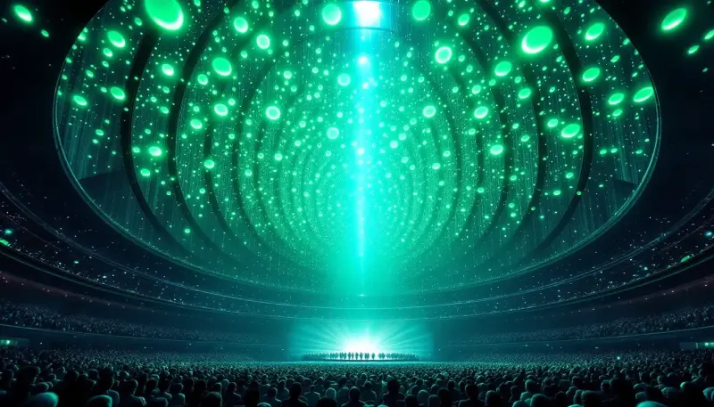 Countless glowing orbs pressing against a glass ceiling inside a vast concert hall