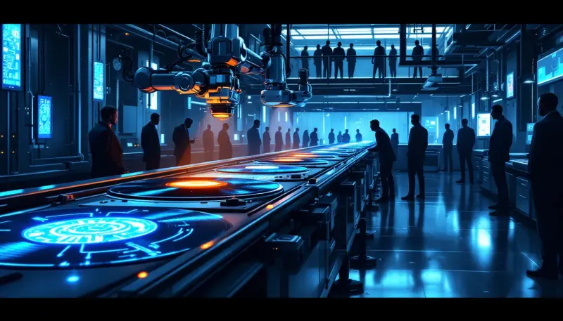 Robotic arm stamps glowing labels onto records on a futuristic factory conveyor belt.