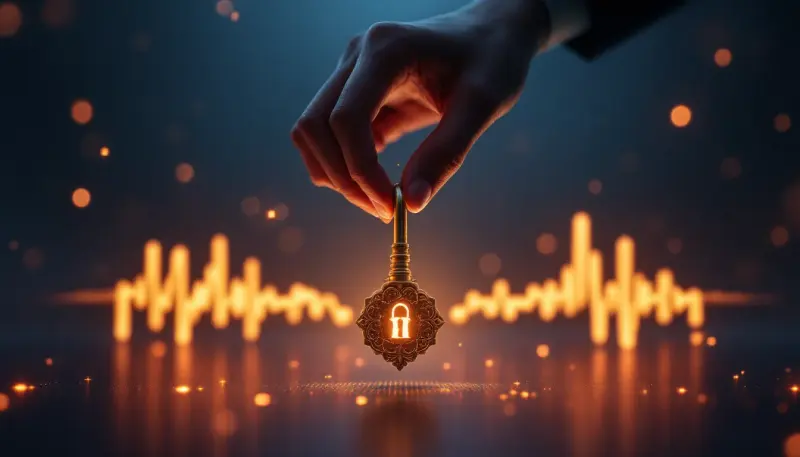 A hand poised over a glowing musical-note lock, symbolizing artist control over licensing.