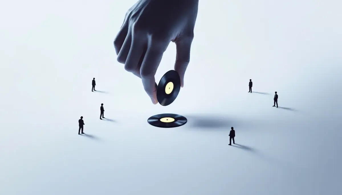 Musicians' tracks being removed from streaming platforms, shown as disappearing music notes or deleted files.