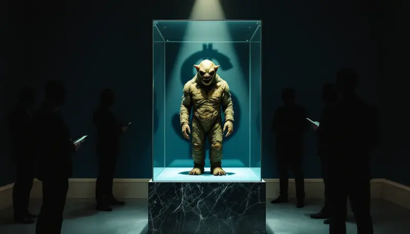 An iconic monster costume locked in a corporate glass case, observed by suited figures