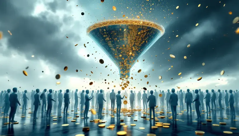 Tiny artist figures receiving a cascade of coins flowing from a massive aerial funnel