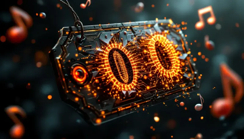 A cracked price tag revealing hollow circuit patterns symbolizing fraudulent music value