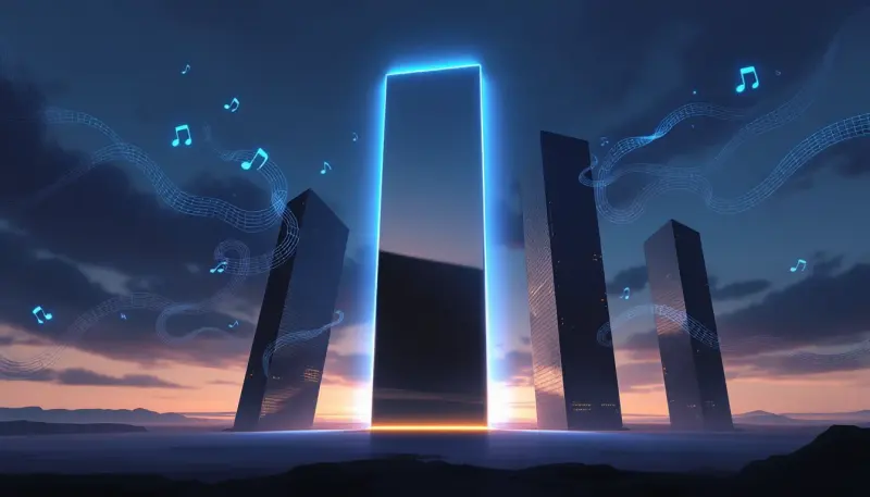 A glowing tech monolith dominates crumbling corporate towers, reshaping musical waveforms autonomously.