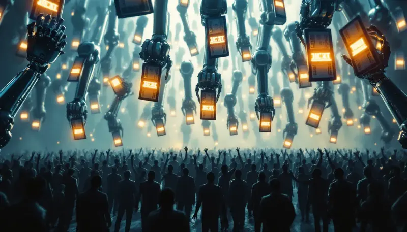 Mechanical robotic arms hoard glowing tickets above a crowd of reaching anonymous silhouettes