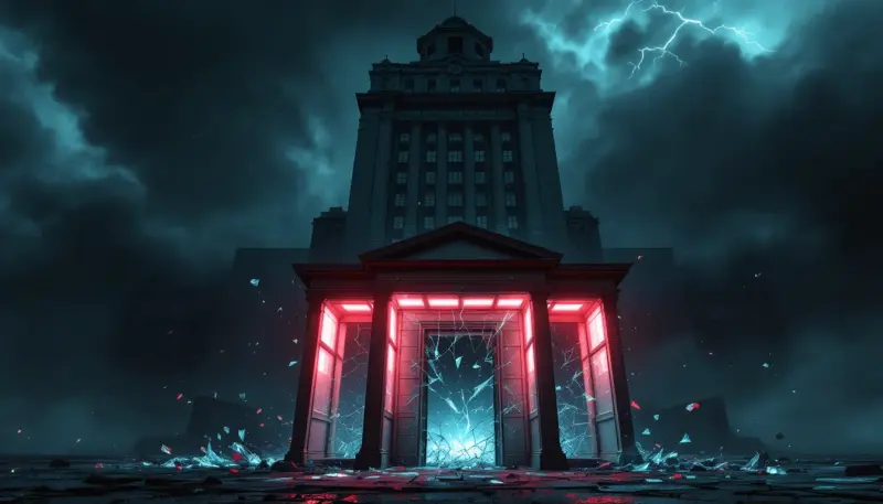 A towering courthouse casts a shadow over a shattered illuminated ticket booth at night