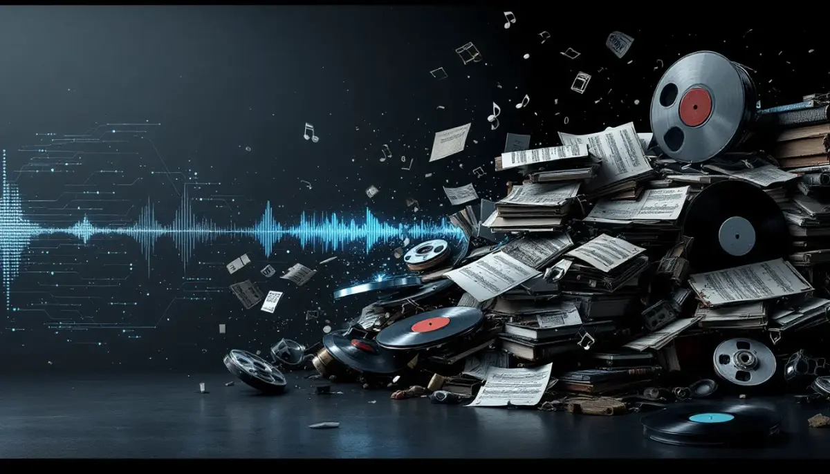 Music note icons cracking apart against a courtroom gavel on a dark dramatic background.
