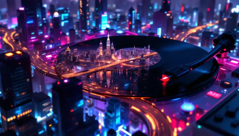 A vinyl record merging with a video game controller above a glowing city skyline