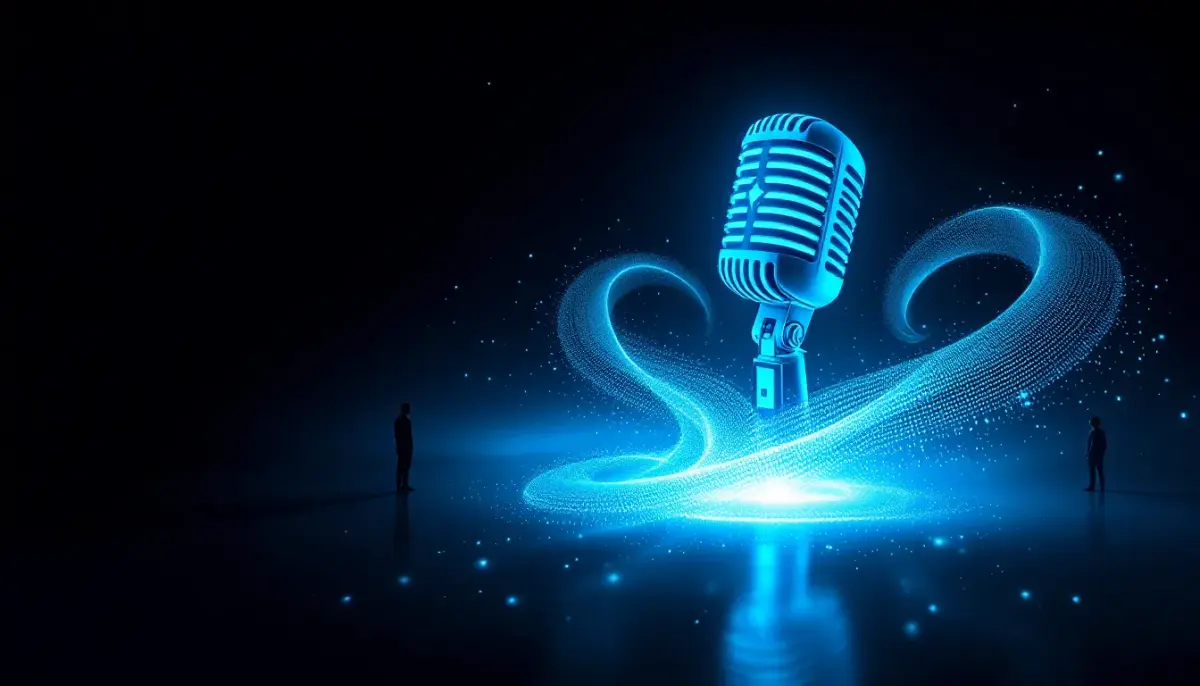 Musician's name displayed on a glowing screen while a music AI interface generates audio in the background.