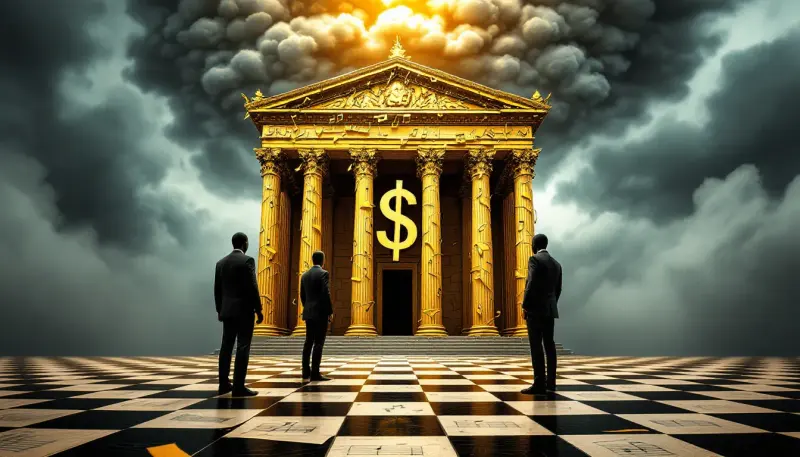 A musical courthouse under a storm cloud symbolizes a massive billion-dollar legal battle
