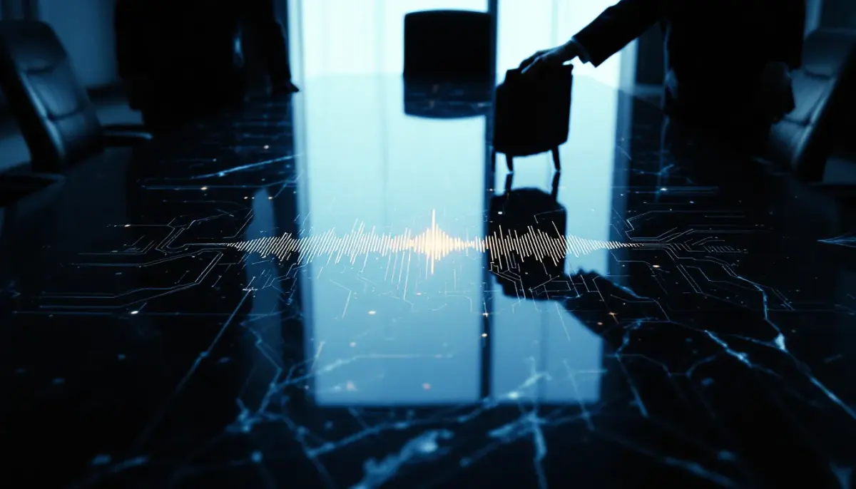 Sony executive in a suit at a conference table surrounded by AI circuit board graphics and music note symbols.