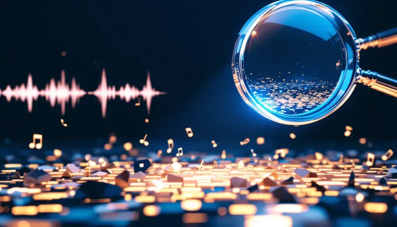 A magnifying glass scanning and separating clean sound waves from shadowy entangled ones