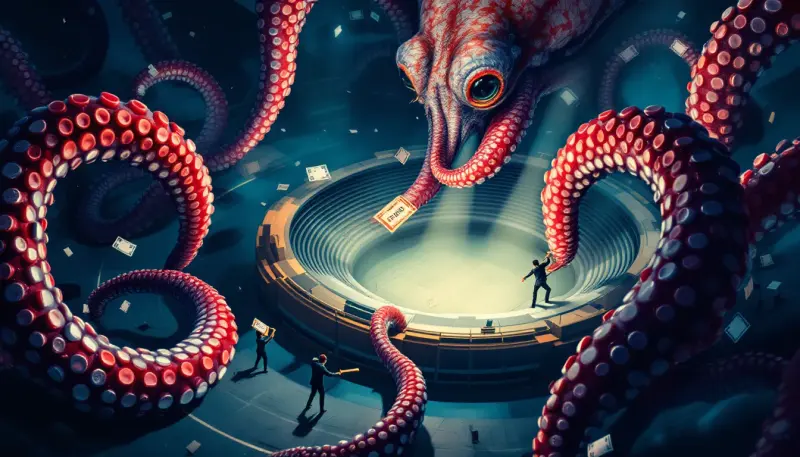 Giant octopus tightening grip on concert venues as small figures struggle to intervene