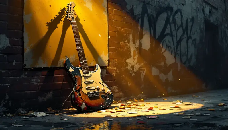 Broken electric guitar beneath a faded concert poster symbolizing an unfinished rock legacy