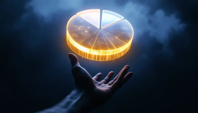 A human hand reaches toward a floating pie chart with a dominant cold glowing slice