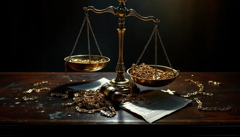 A scale of justice balancing a gavel against tangled contracts and chains on a courtroom table.