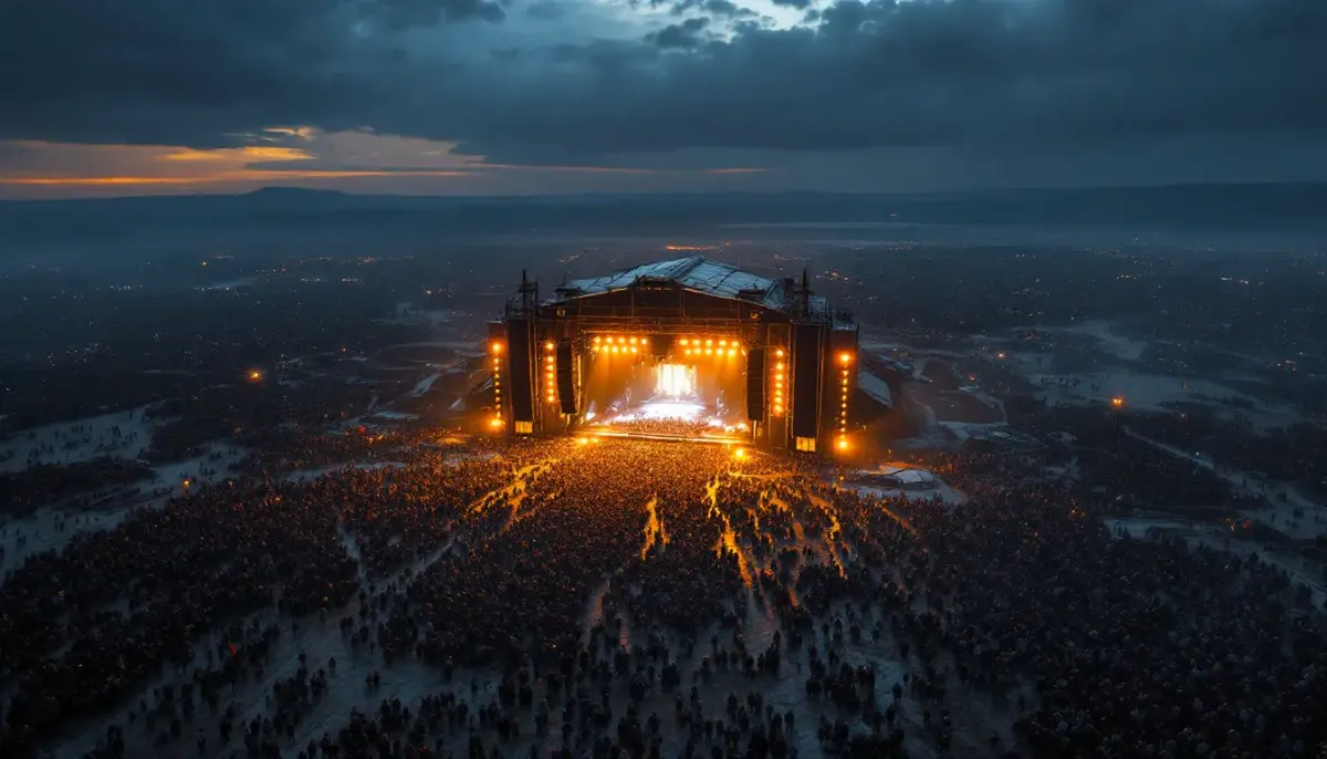 Massive crowd of festival-goers packed together at Glastonbury, tents and stages stretching to the horizon.