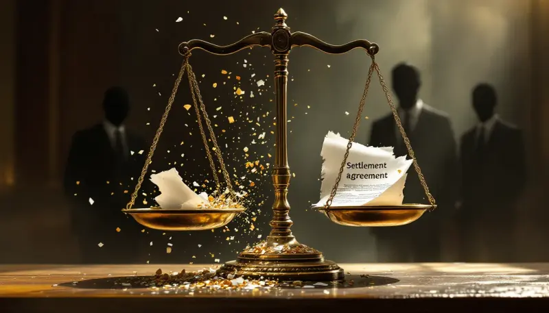Justice scale with dissolving settlement document versus an iron gavel ready to strike