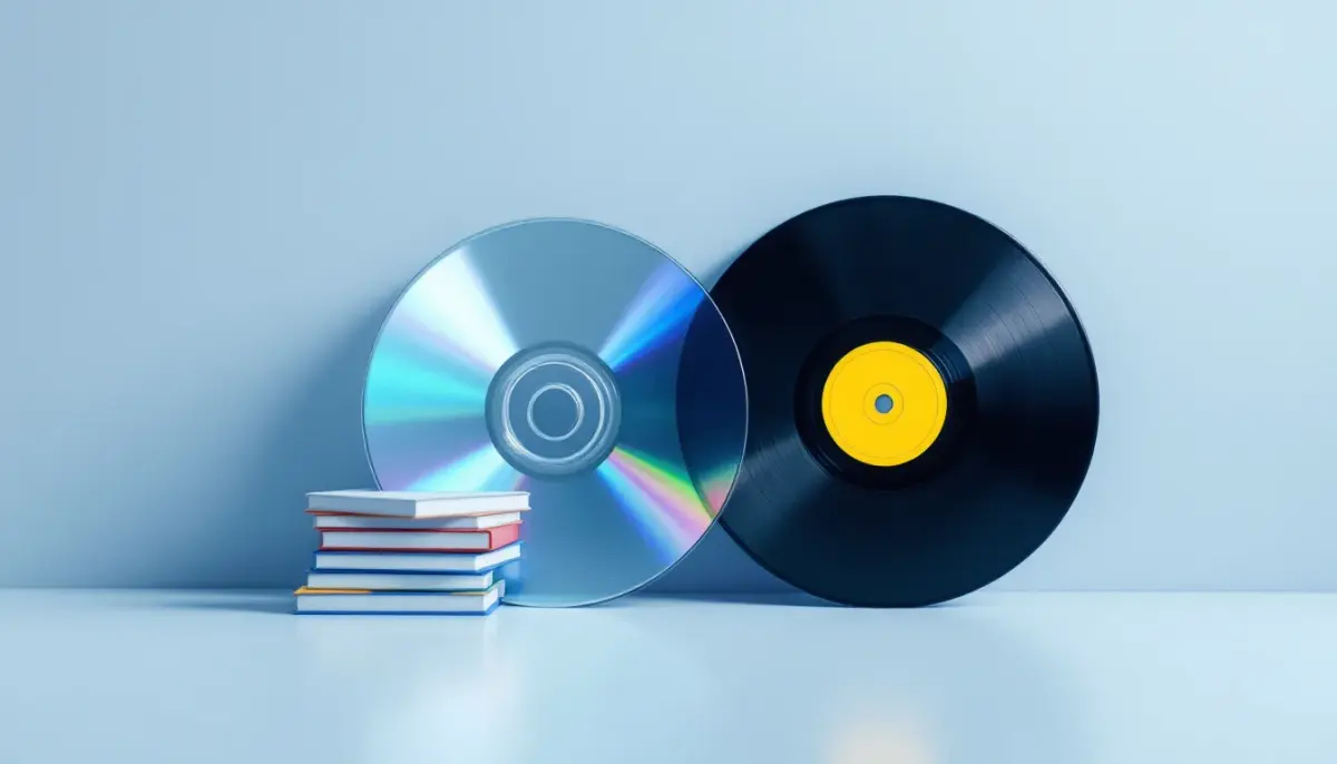 Stack of colorful CDs reflecting light beside a vinyl record on a wooden surface.