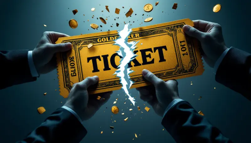 Three suited figures tearing a giant golden ticket apart from competing directions