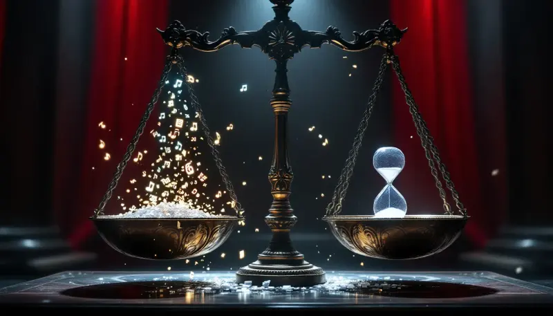 Scales weigh endless streaming tallies against a frozen hourglass in crimson courtroom light