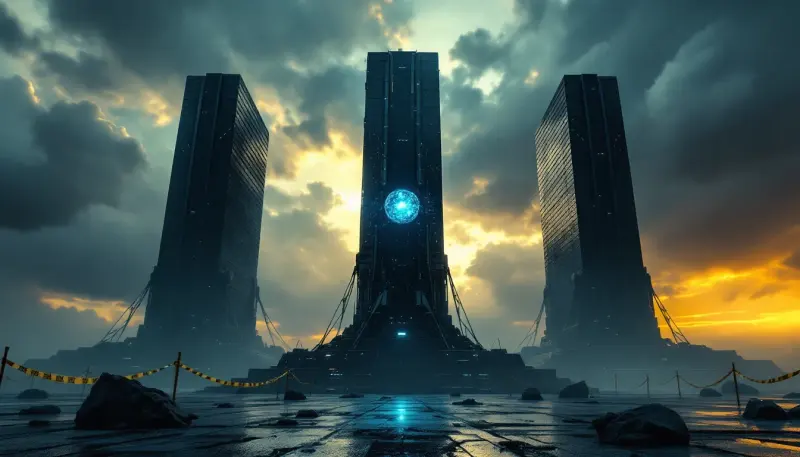 Three corporate towers embracing a glowing AI orb amid fallen warning barriers