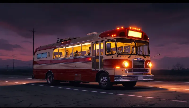 Empty tour bus seat on a desolate highway representing a canceled anniversary journey