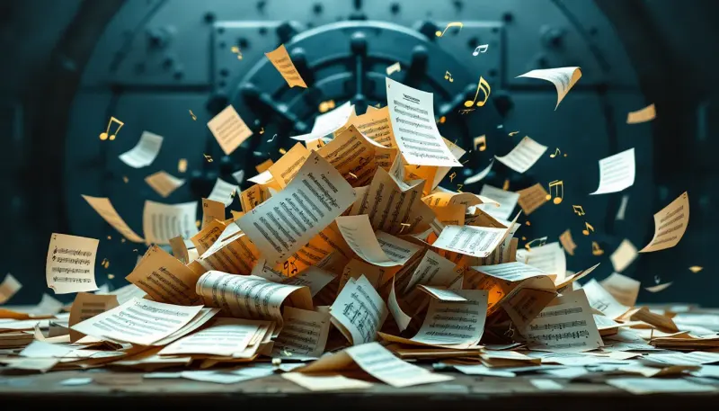 Collapsing legal card house while a vault door closes represents lawsuits falling and rising