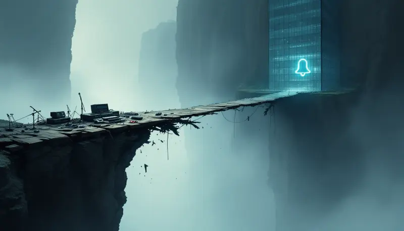 A broken bridge between independent artists and a distant corporate tower with a silent notification
