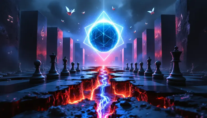 Music industry monoliths face off against a glowing AI form over a fractured legal divide