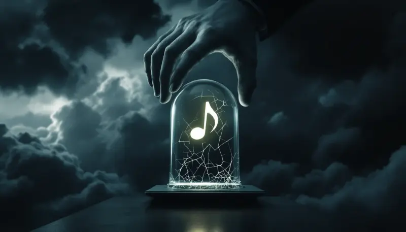 Giant corporate hands crushing a glowing musical note trapped under a cracking glass dome