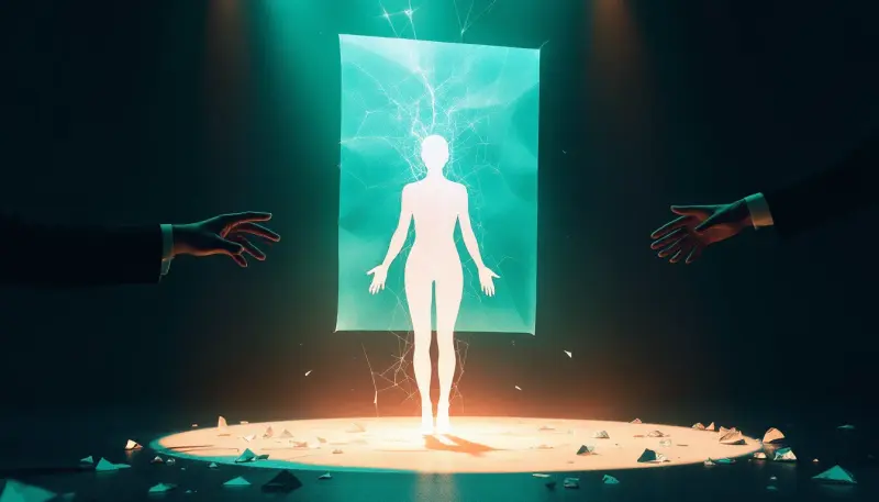 Unauthorized holographic performer projected from a cracked floating contract document