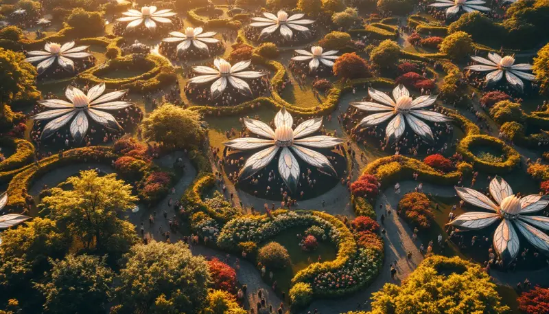 Aerial view of a flower-shaped festival grounds packed with thousands of silhouetted concertgoers