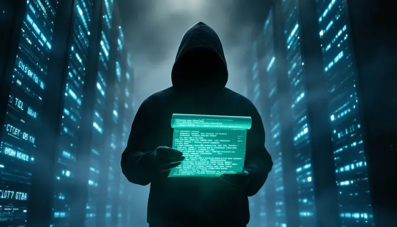 A hooded anonymous figure holds a glowing scroll of leaked code in a misty server room